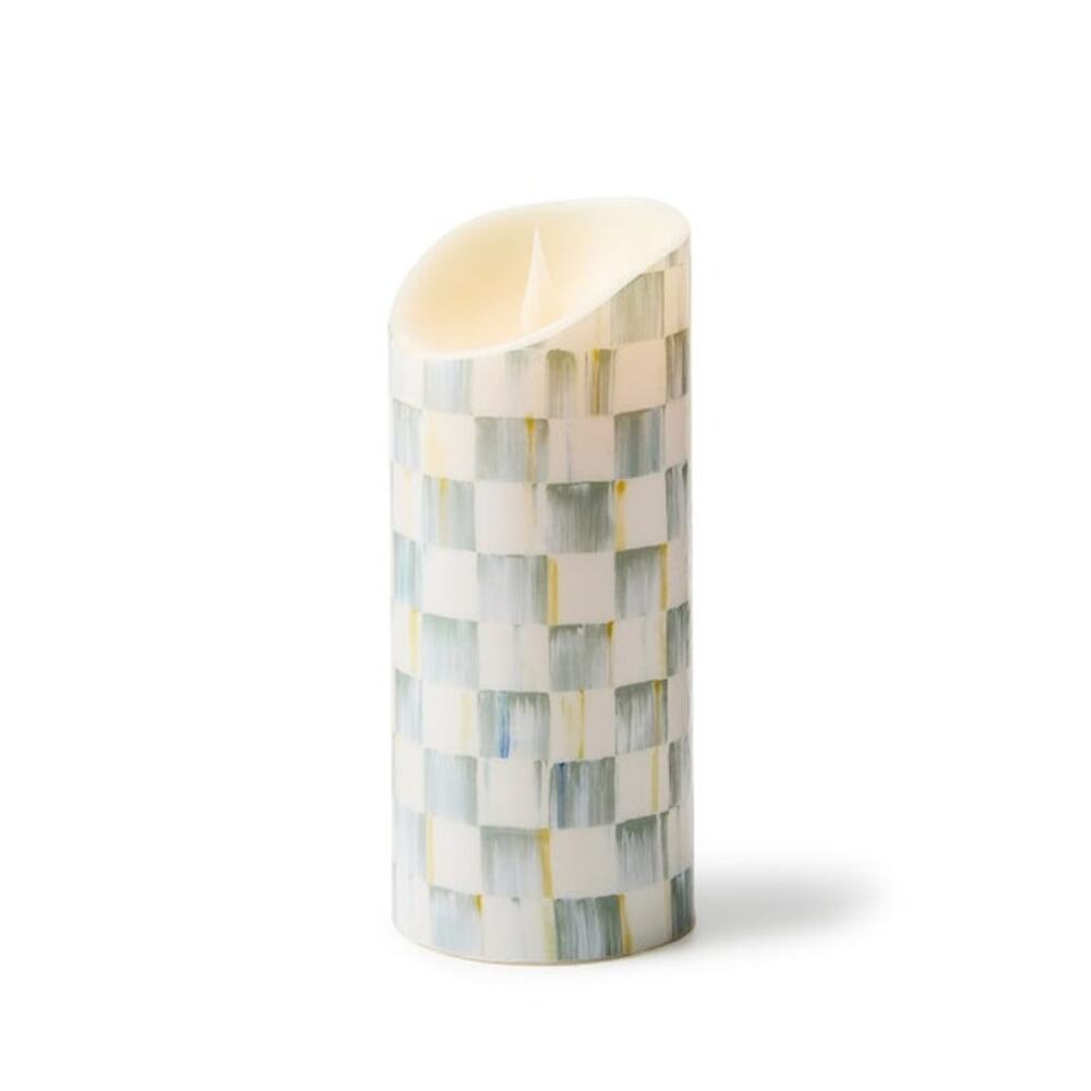 Brand New Mackenzie-Childs Sterling Check Flicker 7" Pillar Candle